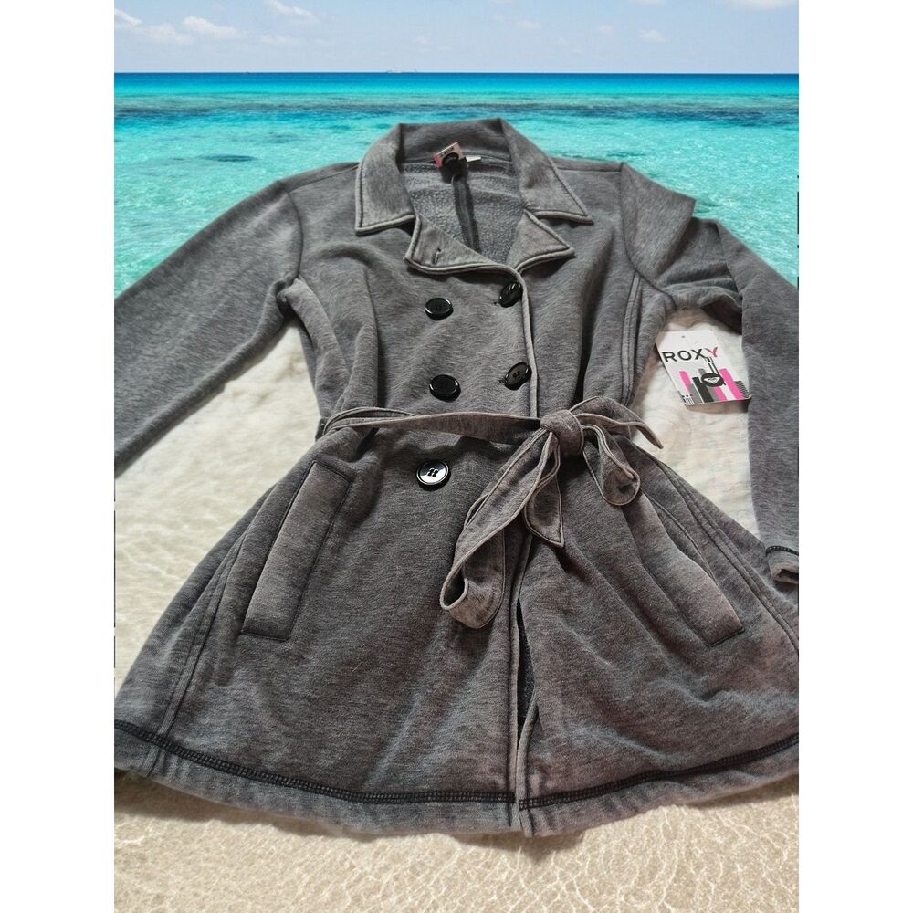 NWT Vintage Roxy Gray Denim Double Breasted Belted Peacoat Jacket XL Rare